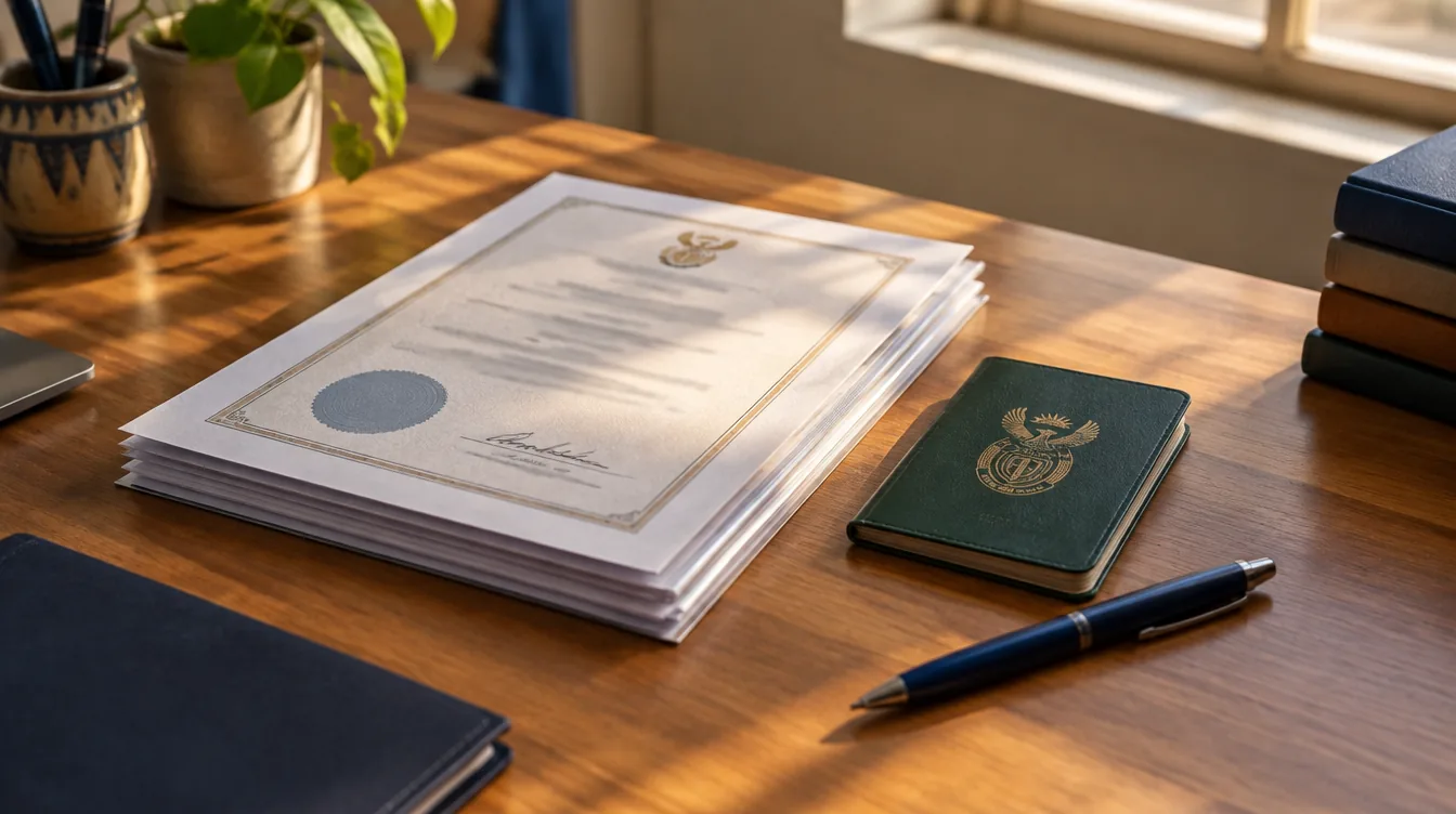 Certified copies of teaching qualification certificates stacked beside a South African ID book on a desk, prepared for a SACE registration application.