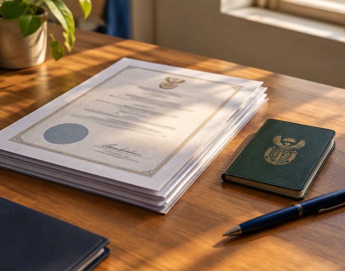 A professional certificate and record book ready on a desk